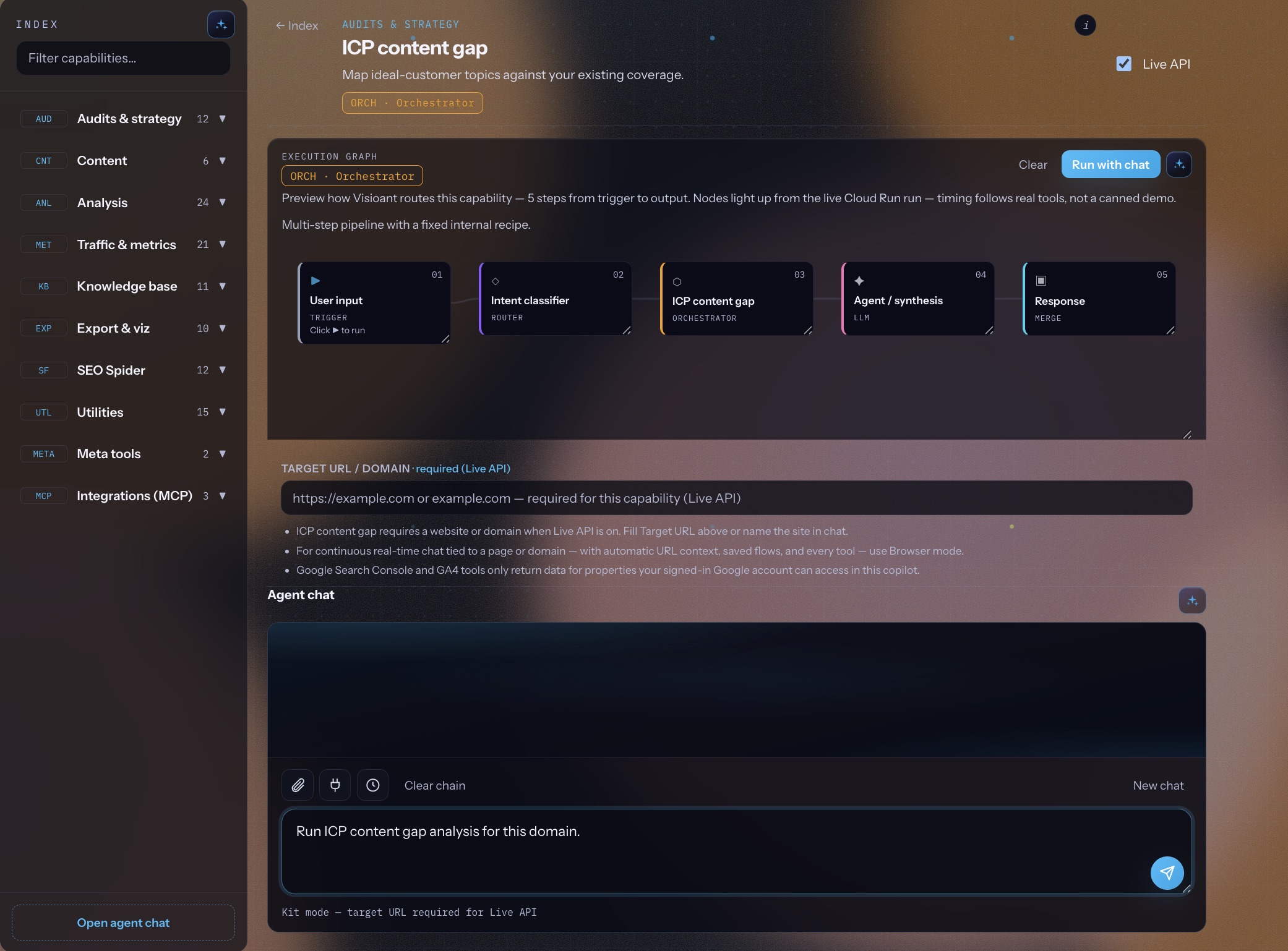 ICP content gap capability with execution graph and agent chat in the Capability kit