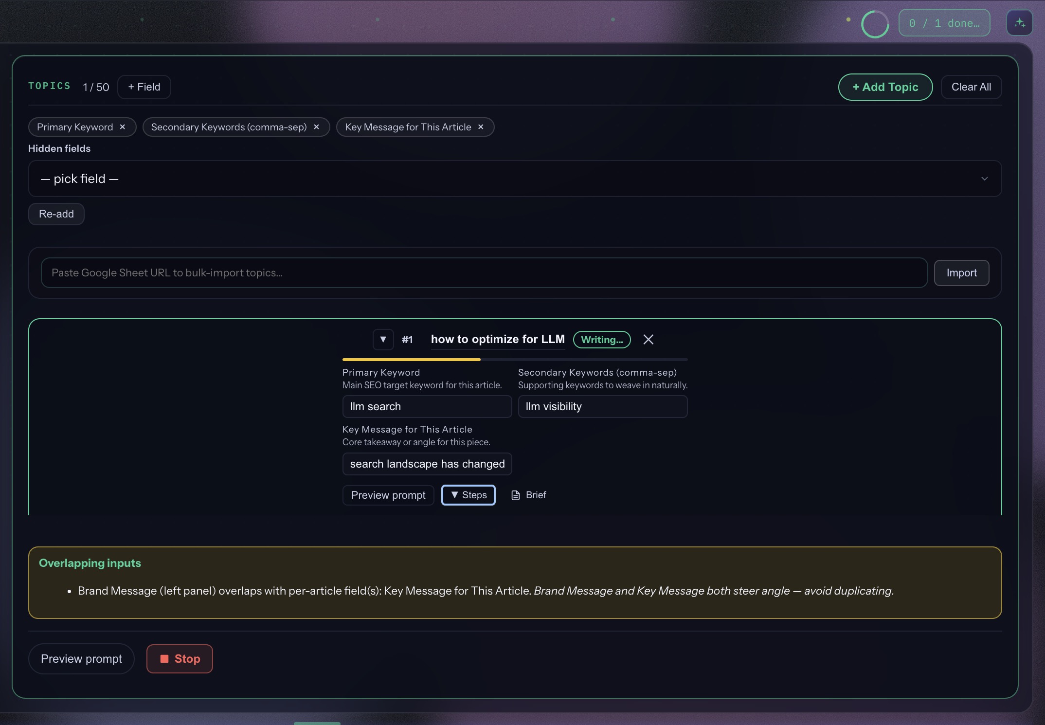 Content Wizard topic batch with per-article fields, sheet import, and preview prompt controls