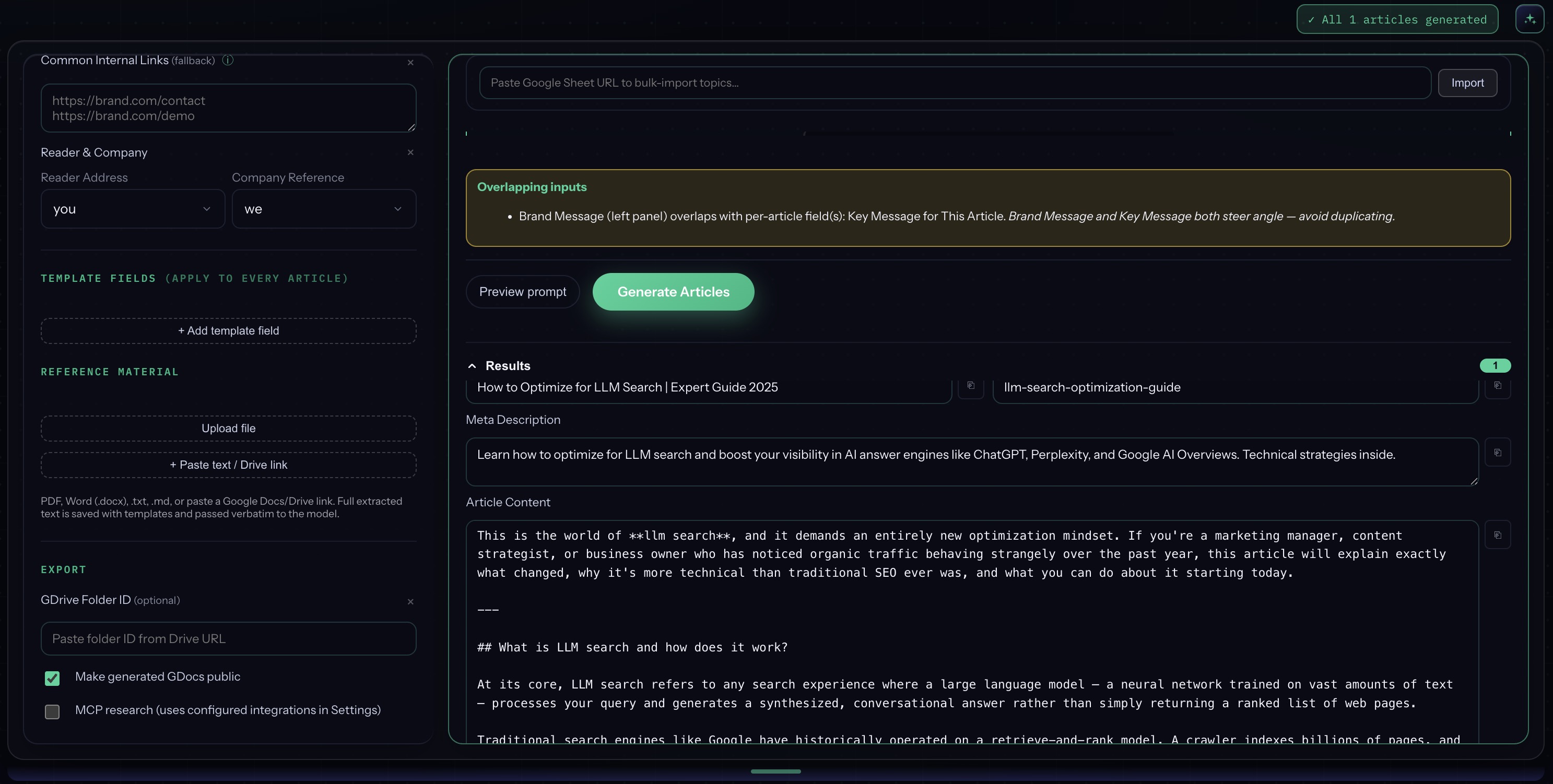 Content Wizard generate view with brand settings, overlap validation, and generate articles action