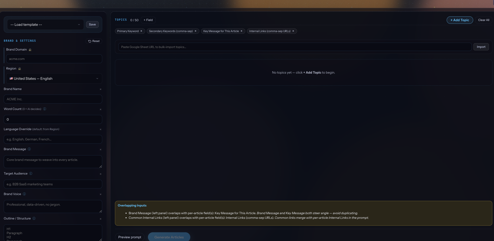 Content Wizard brand settings and topics workspace