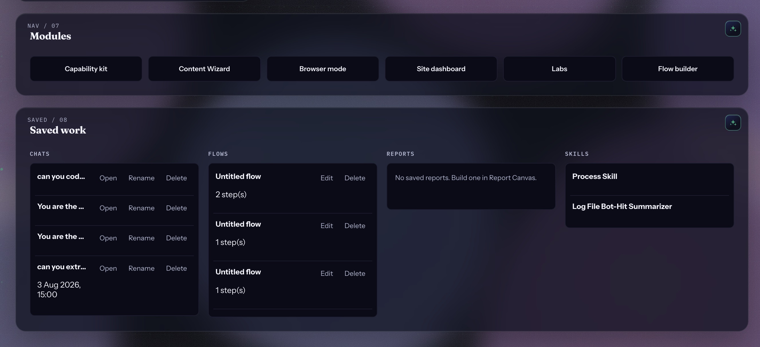 Module shortcuts and saved chats, flows, reports, and skills on the Visioant dashboard