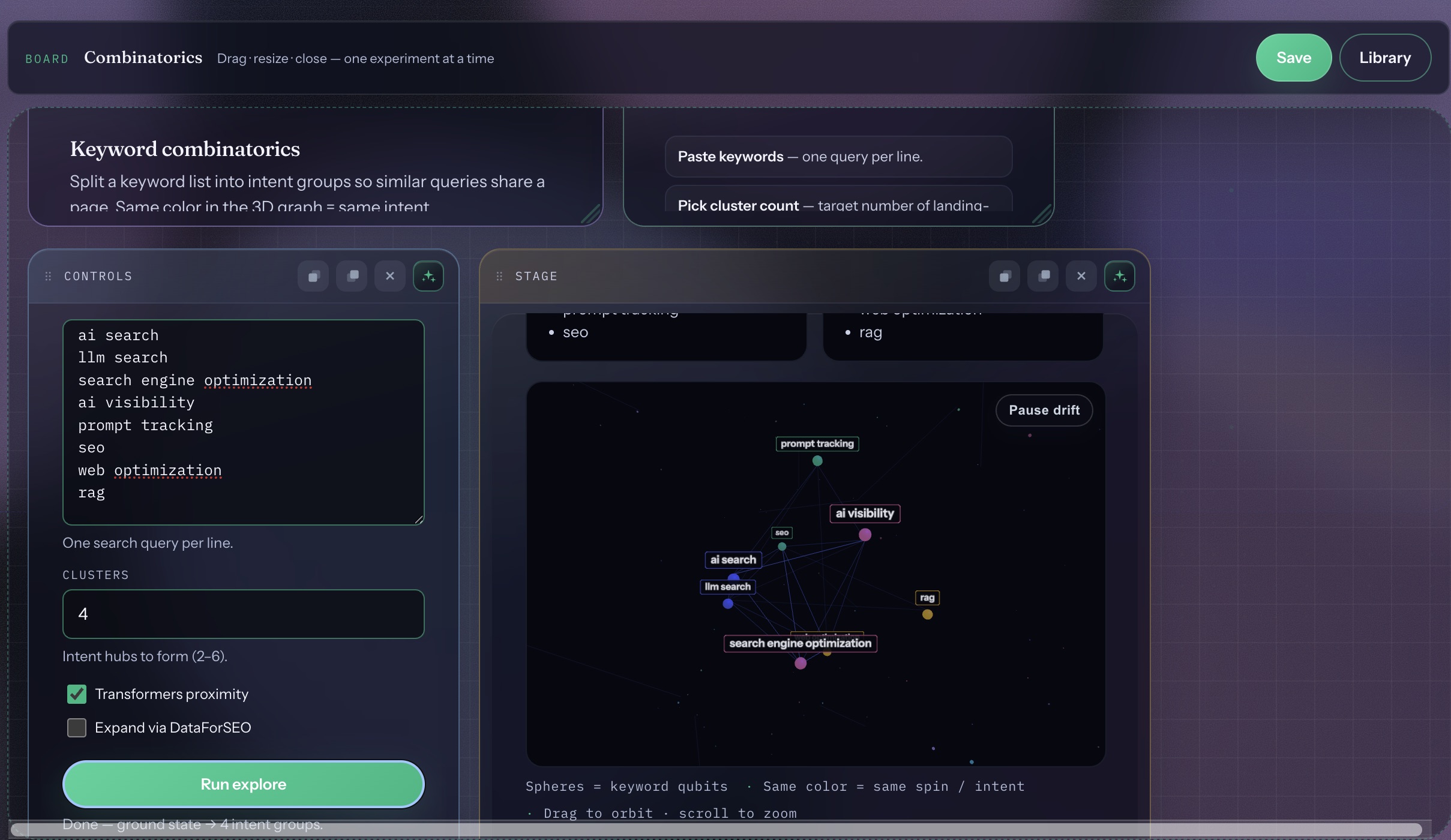 Labs keyword combinatorics with 3D intent clusters and cluster controls