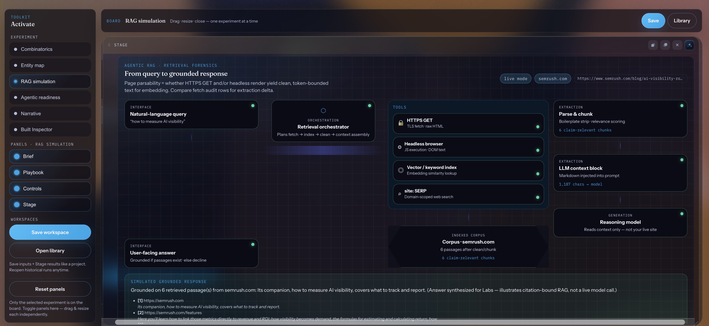 Labs RAG simulation showing retrieval orchestration from query to grounded response