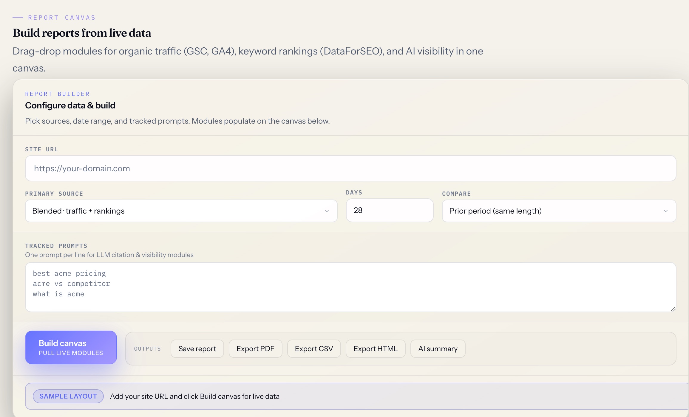 Report builder with site URL, primary source, date range, tracked prompts, and build and export actions