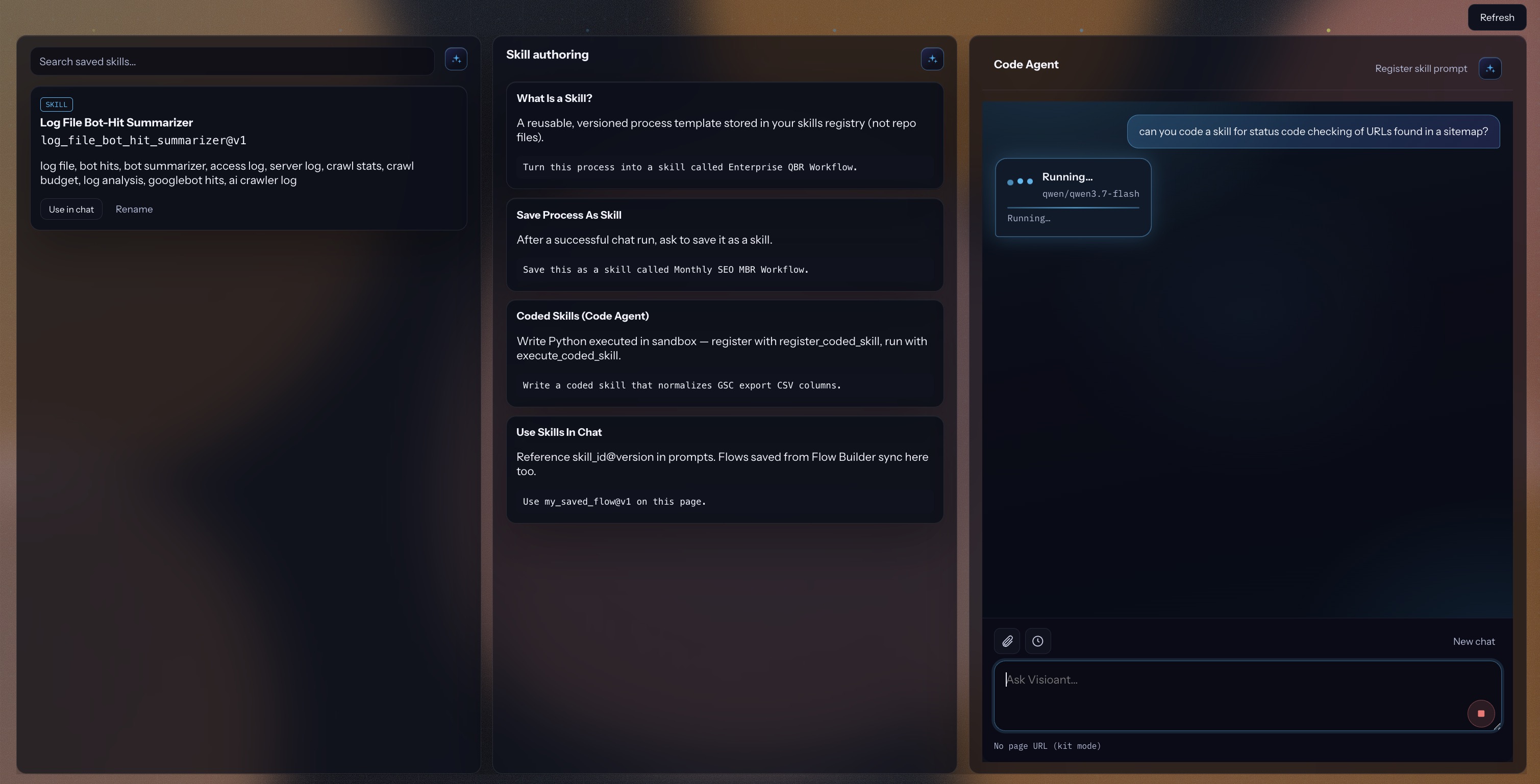 Skills registry with saved skills list, authoring guide, and Code Agent building a sitemap status checker