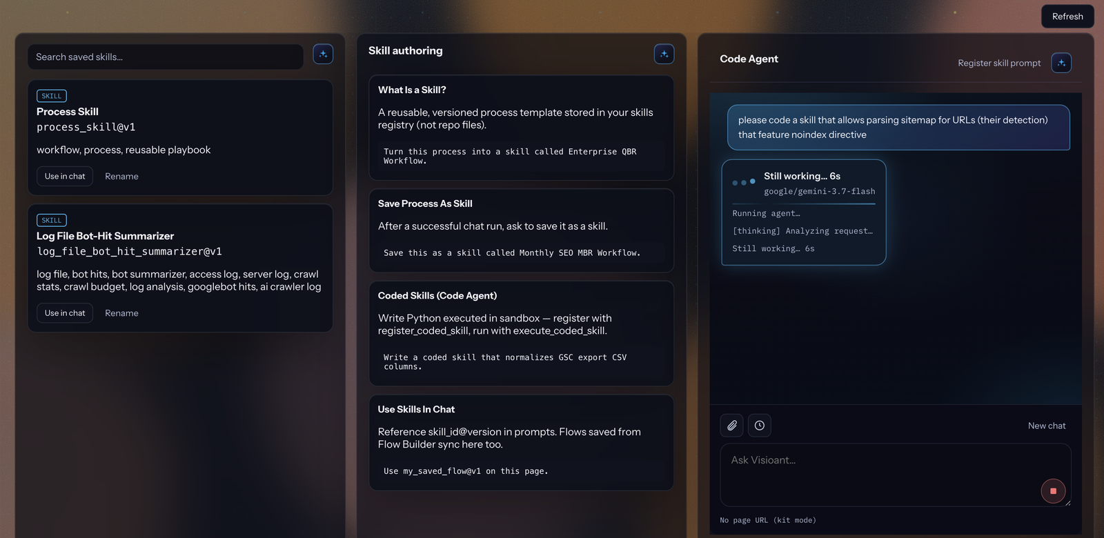 Skills registry and Code Agent chat